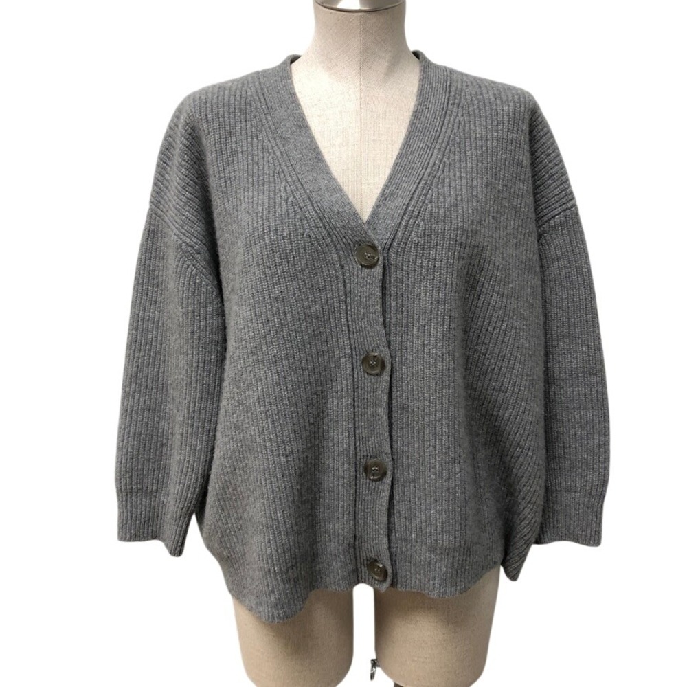 Jenni Kayne Everyday Cardigan Womens M Gray 100% Cashmere Ribbed V-Neck Sweater
